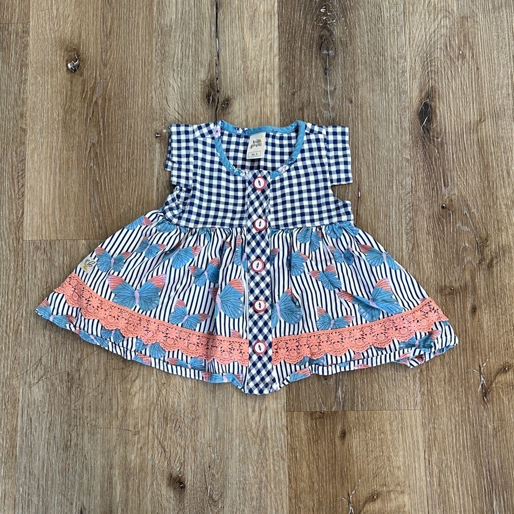 Wildflowers Tunic Top Kids Size 2 Navy Blue Butterfly Gingham Lace Boho
